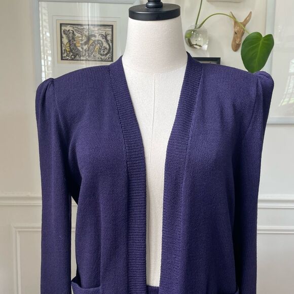Vintage 80s St. John Santana Knit Purple 2pc Skirt Suit S 8 - Picture 2 of 11